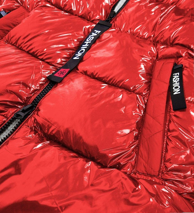 BŁYSZCZĄCA ZIMOWA KURTKA DAMSKA CZERWONO-SZARA (R9545)