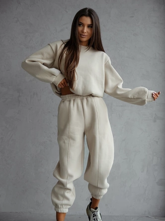 Bawełniany komplet dresowy z krótką bluzą beżowy (82160)