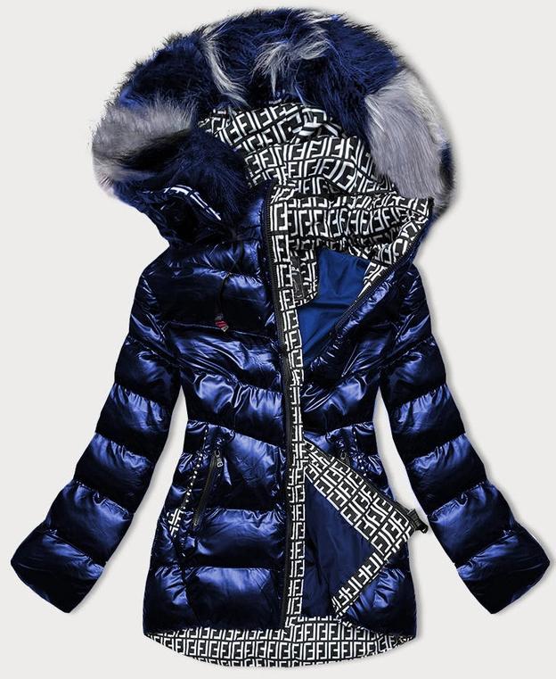 BŁYSZCZĄCA KURTKA ZIMOWA Z WZORZYSTYMI WSTAWKAMI GRANATOWA (XW809X)