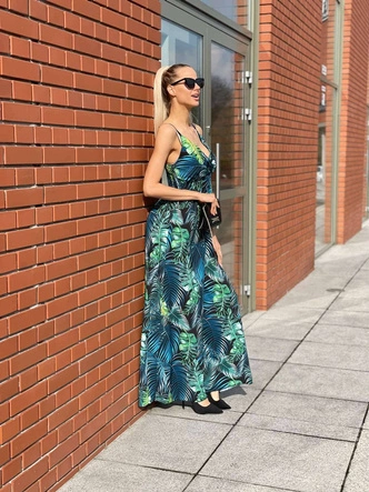 SUKIENKA MAXI NA RAMIĄCZKACH LIŚCIE ZIELONO-NIEBIESKA (21073)