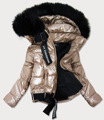 DAMSKA BŁYSZCZĄCA KURTKA Z KAPTUREM ZŁOTA (8297)