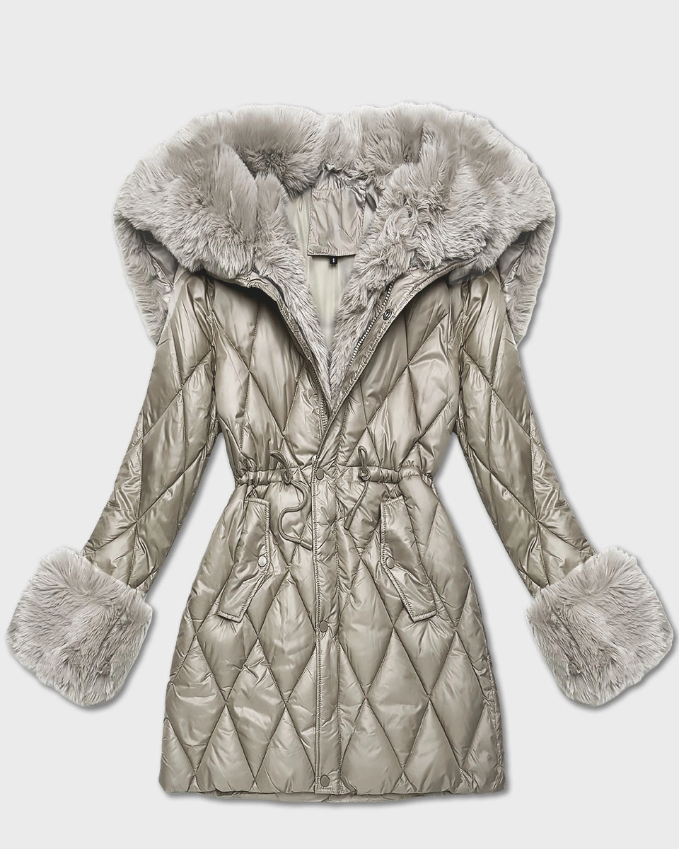 Kurtka z futrzanym kapturem tworzącym kołnierz beżowa (T3-2635#-62)