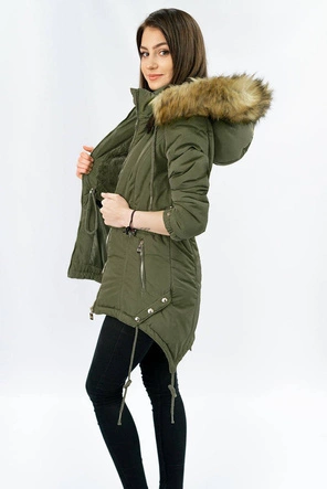 PIKOWANA KURTKA DAMSKA ZIMOWA Z KAPTUREM KHAKI (X7210WX)