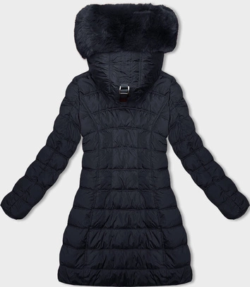 Zimowa kurtka damska z kapturem granatowa (2M-21013)