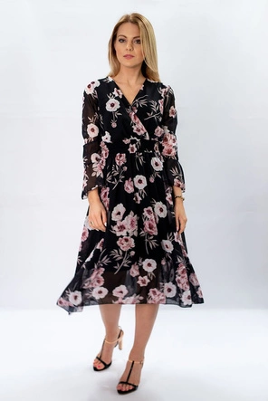 SZYFONOWA SUKIENKA KOPERTOWA W KWIATY CZARNA (483ART)