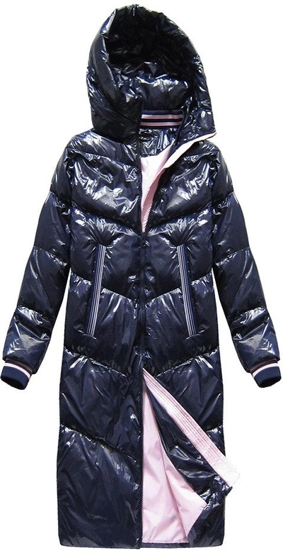 BŁYSZCZĄCY PŁASZCZ Z PUCHEM NATURALNYM GRANATOWY (17115)