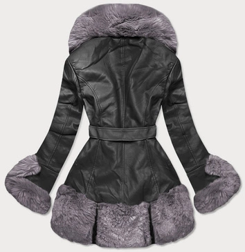 ELEGANCKA KURTKA SKÓRZANA Z FUTRZANYM KOŁNIERZEM CZARNO-SZARA (FL202018)