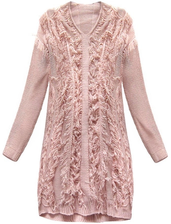 CIEPŁY SWETER Z FRĘDZLAMI PUDROWY RÓŻ (155ART)