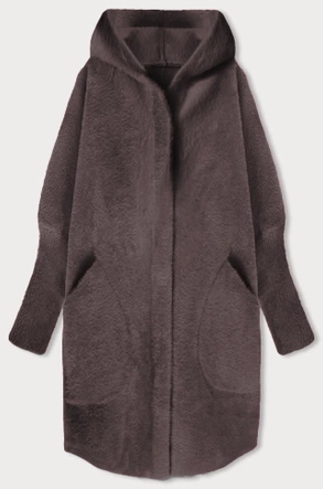 Długa wełniana narzutka alpaka z kapturem kakao (908)