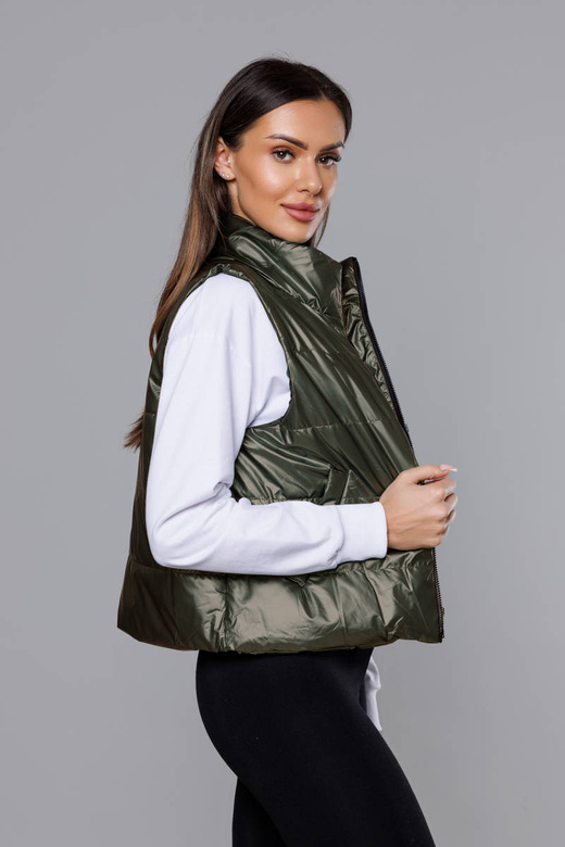 Krótka kamizelka ze stójką damska khaki (B8152-11)