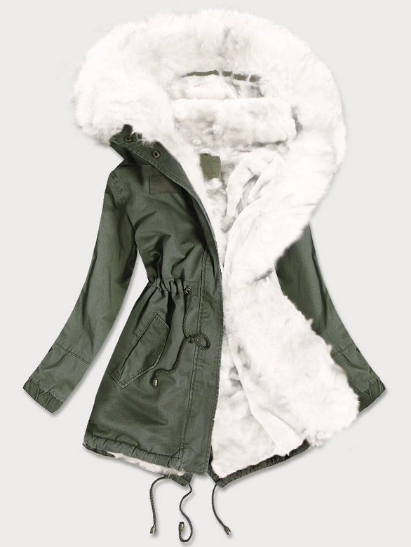 ZIMOWA PARKA DAMSKA Z KOLOROWYM FUTREM KHAKI-BIAŁA (D-216#)