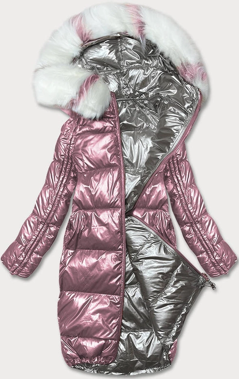 DWUSTRONNA METALICZNA KURTKA ZIMOWA RÓŻOWO-SZARA  (P21-7901-52+61)