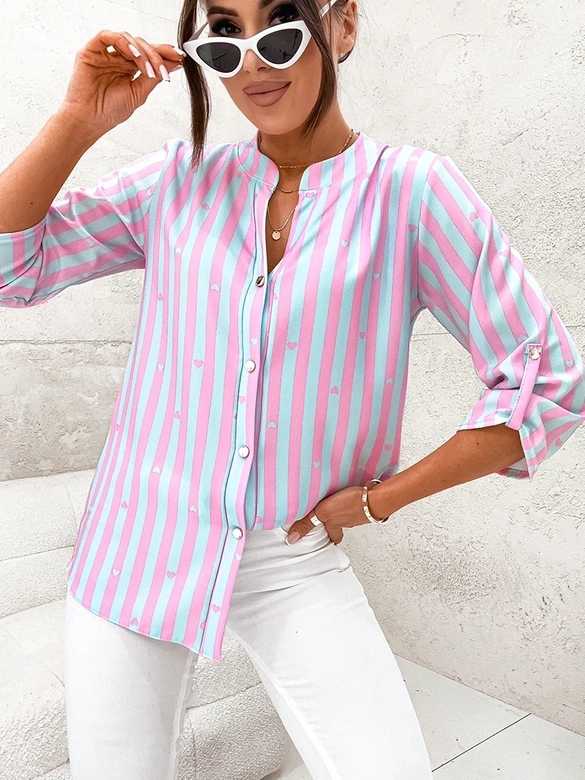 Koszulowa bluzka w pasy różowo-błękitna (739)