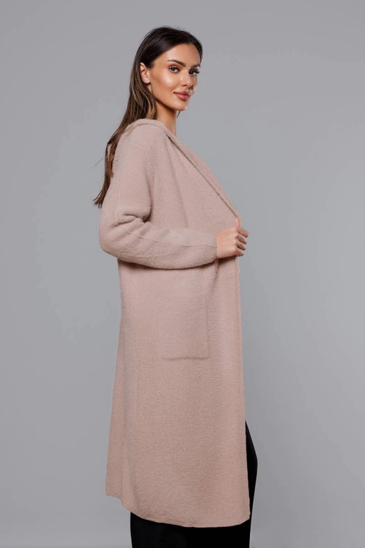 Długa wełniana narzutka alpaka z kapturem beż (M105-1)