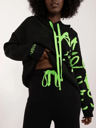 Zestaw 2-częściowy sweter z kapturem i szerokie spodnie czarny/zielony (1469)