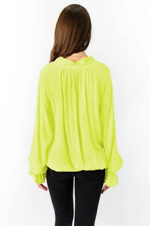 BAWEŁNIANA BLUZKA Z WIĄZANĄ STÓJKĄ NEONOWY ŻÓŁTY (298ART)