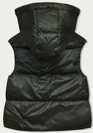Krótki bezrękawnik damski z kapturem khaki (B8156-11)