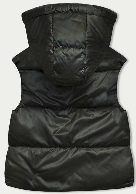 Krótki bezrękawnik damski z kapturem khaki (B8156-11)