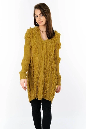 CIEPŁY SWETER Z FRĘDZLAMI MUSZTARDOWY (155ART)