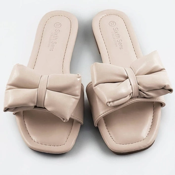 Damskie klapki z kokardą beżowe (h47)