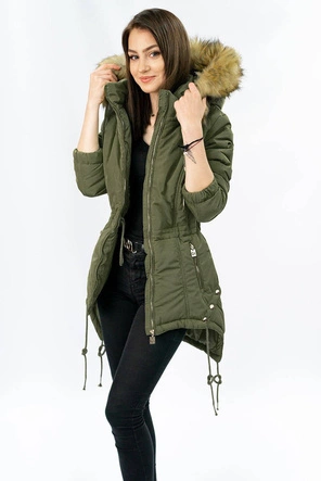 PIKOWANA KURTKA DAMSKA ZIMOWA Z KAPTUREM KHAKI (X7210WX)