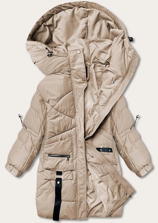 Puchowa kurtka damska z ozdobnymi taśmami camel (AG2-J85)