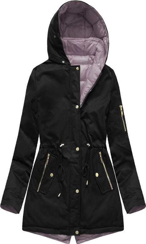 DWUSTRONNA ZIMOWA PARKA DAMSKA Z KAPTUREM CZARNO-RÓŻOWA (B2636)