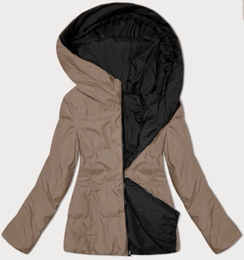 Dwustronna krótka kurtka damska z kapturem czarny-ciemny beżowy (16M2155-84)