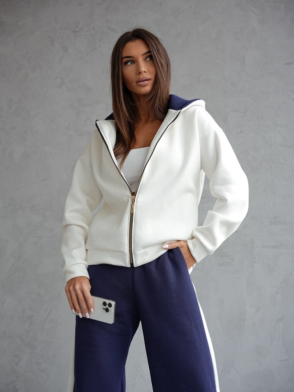 Gruby bawełniany komplet damski z rozpinaną bluzą biały-granat (503)