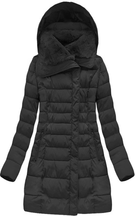 DŁUGA KURTKA DAMSKA ZIMOWA Z KAPTUREM CZARNA (B1068-30)