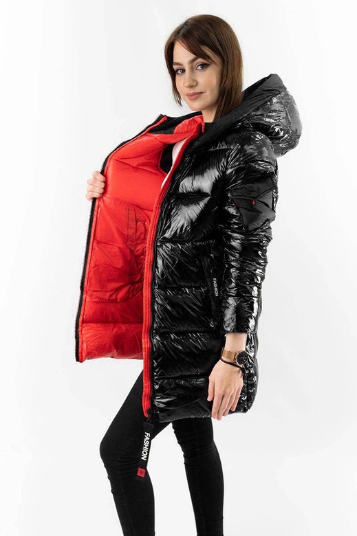 BŁYSZCZĄCA ZIMOWA KURTKA DAMSKA CZARNO-CZERWONA (R9545)