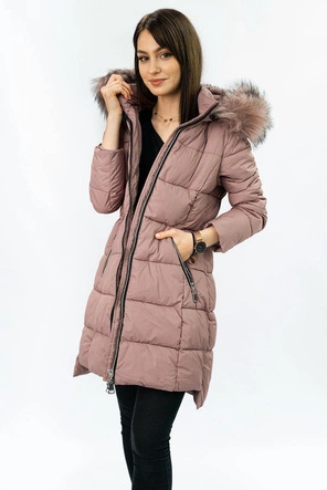 Pikowana damska kurtka zimowa z kapturem antyczny róż (7702)