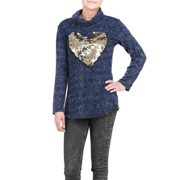 GRANATOWY SWETER Z BŁYSZCZĄCYM SERCEM (X4044X)
