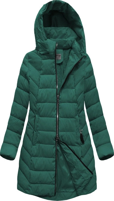 DŁUŻSZA ZIMOWA KURTKA DAMSKA Z KAPTUREM CIEMNOZIELONA (B2646)
