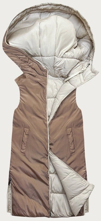 DŁUGA KAMIZELKA DAMSKA BEŻOWO- BRĄZOWA (V772G)