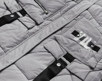 Puchowa kurtka damska z ozdobnymi taśmami szara (AG2-J85)