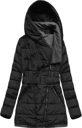 KURTKA Z KAPTUREM I PASKIEM CZARNA (YB929)