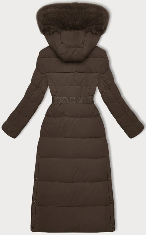 Długa gruba kurtka płaszcz z paskiem czekoladowa (WD202306)