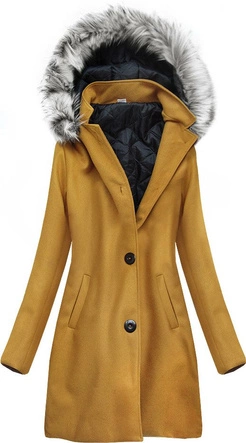 DAMSKI BAWEŁNIANY ZIMOWY PŁASZCZ MUSZTARDOWY (513ART)