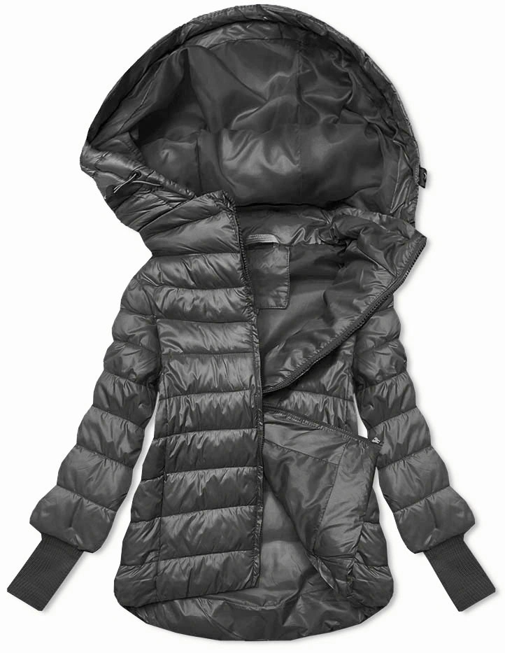 Krótka kurtka damska z dzianinowymi ściągaczami grafitowa (P22/P3-6636/P3-6023-27)