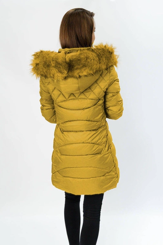 PIKOWANA DAMSKA KURTKA Z KAPTUREM MUSZTARDOWA (808)