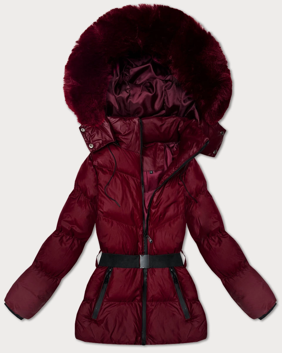 Zimowa kurtka z kapturem i paskiem J Style bordowa (5M3322-1)