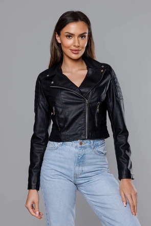 Krótka ramoneska ze skóry ekologicznej czarna (11Z8028)