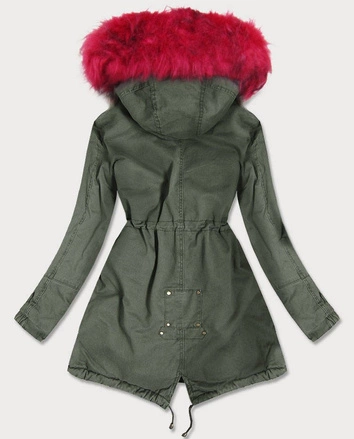 ZIMOWA PARKA DAMSKA Z KOLOROWYM FUTREM KHAKI-CZERWONA (D-216#)