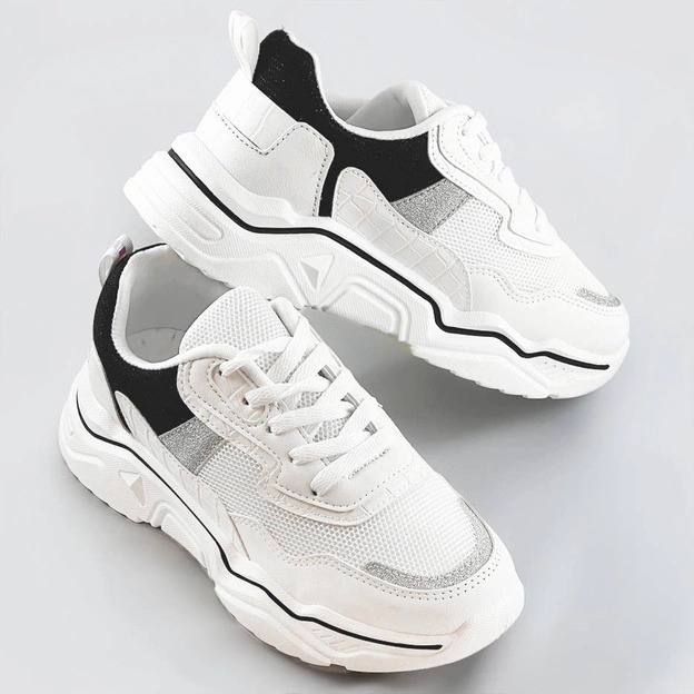 Sneakersy damskie z brokatowymi wstawkami biało-czarne (lu-2)