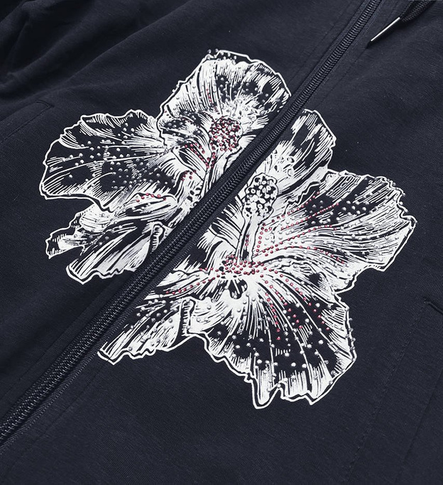 BLUZA DRESOWA Z OZDOBNĄ APLIKACJĄ KWIATY GRANATOWA (58078)