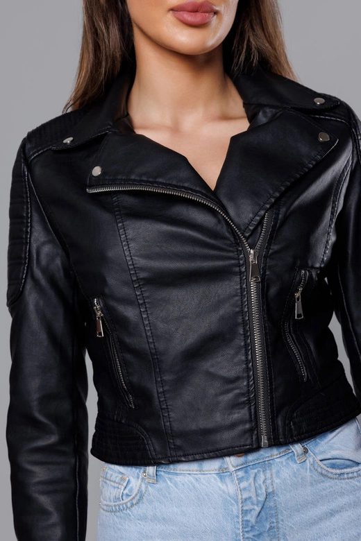 Krótka ramoneska ze skóry ekologicznej czarna (11Z8028)