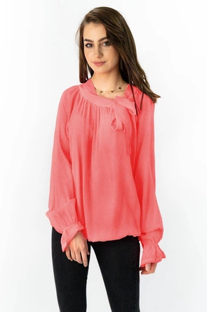 BAWEŁNIANA BLUZKA Z WIĄZANĄ STÓJKĄ NEONOWY KORAL (298ART)