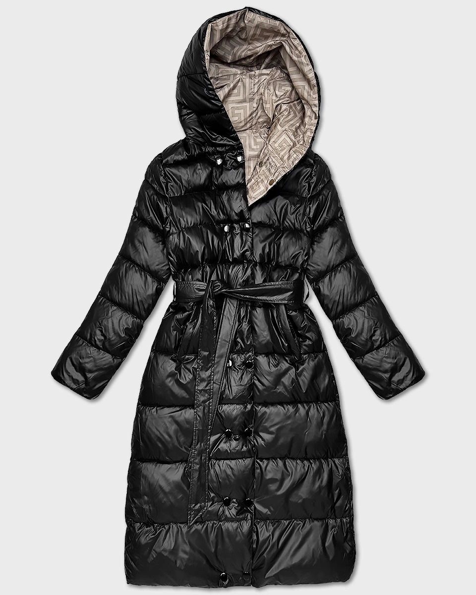 Dwustronna długa kurtka z kapturem czarny/beż (P22-6638-1+62)