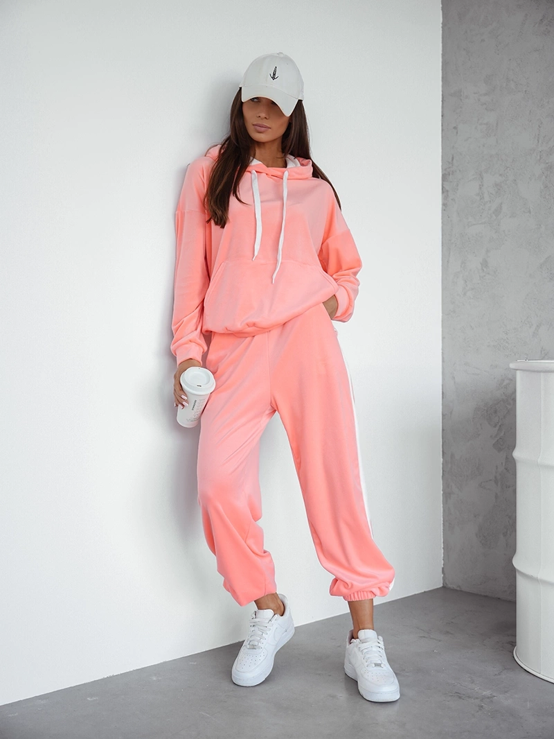 Welurowy komplet dresowy z lampasami brzoskwiniowy (508)